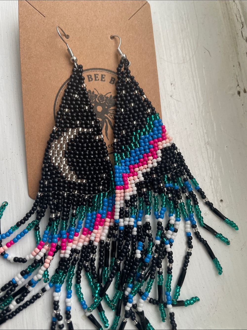 Aurora with Moon. Black Beaded Fringe Earrings with Multicolor Accents